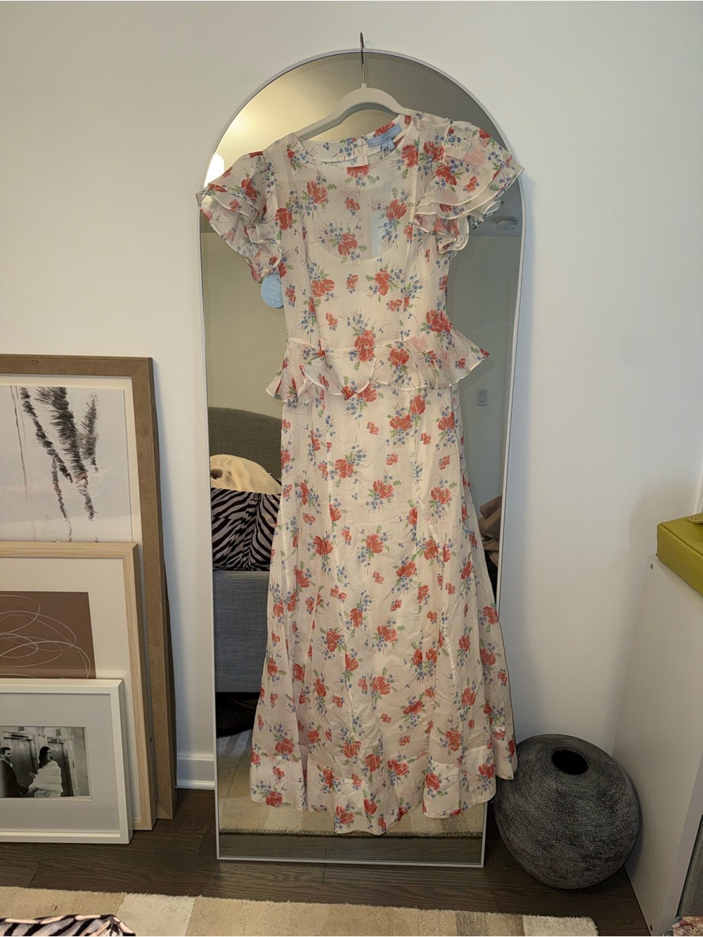Hill House Halston Dress - Floral Maxi Dress in White with Coral & Blue Accents